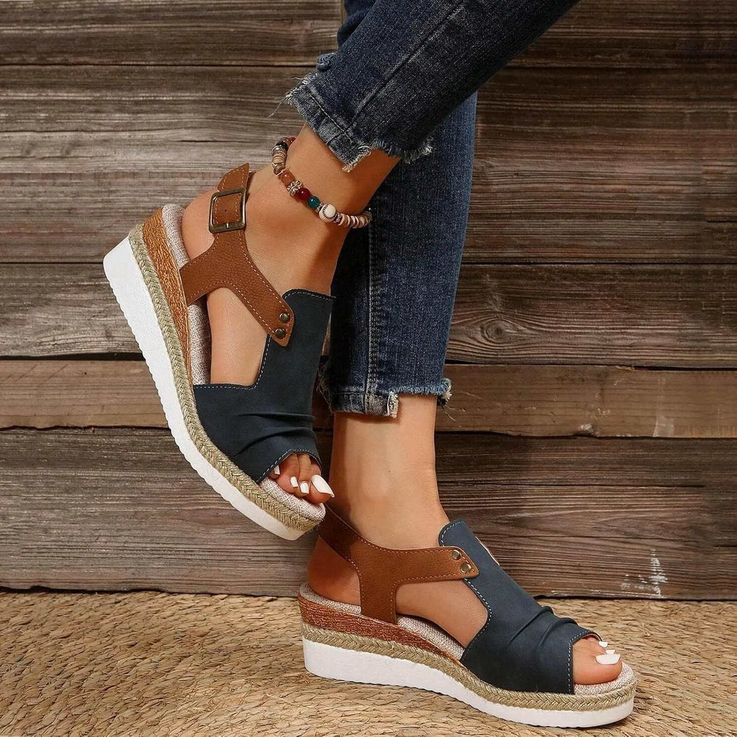 Dheva-C Orthopedic Platform Wedge Sandals for Women Summer Dressy 2023 Flat Open Toe Ankle Strap Espadrilles Sandals Casual Strappy Slip on Sandals Beach Boho Sandals Comfortable Outdoor Shoes (3-Navy, 6.5)