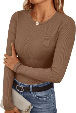 Ekouaer Womens Long Sleeve Shirts Crew Neck Stretchy Fitted Ribbed Tops Basic Base Layer Soft Thermal Undershirts Tee