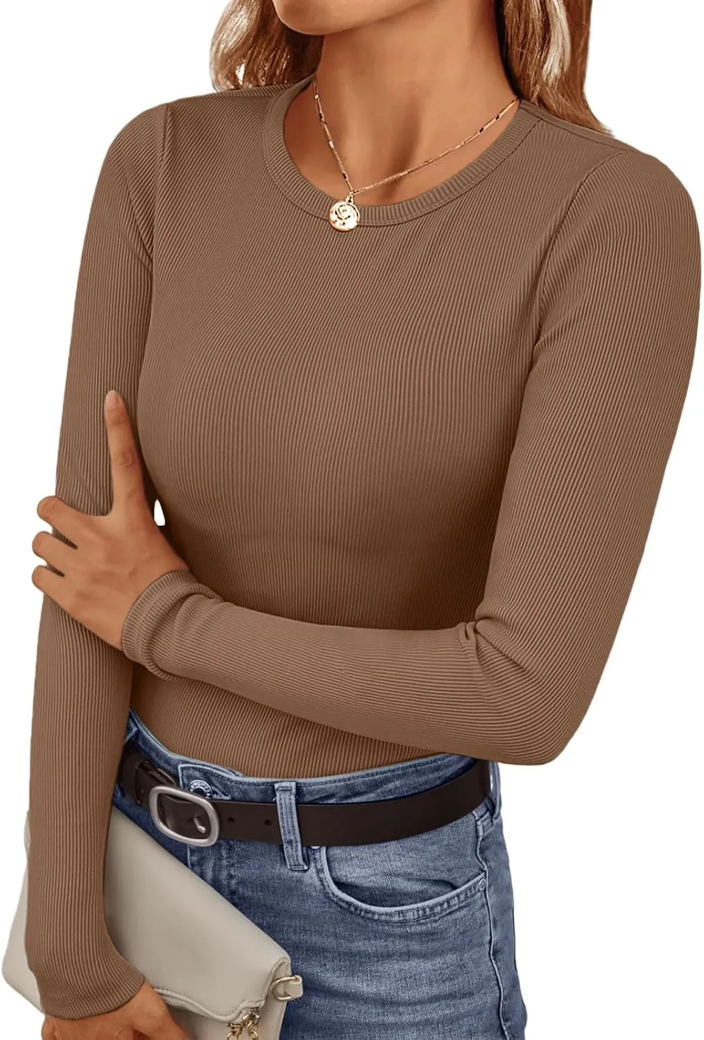 Ekouaer Womens Long Sleeve Shirts Crew Neck Stretchy Fitted Ribbed Tops Basic Base Layer Soft Thermal Undershirts Tee
