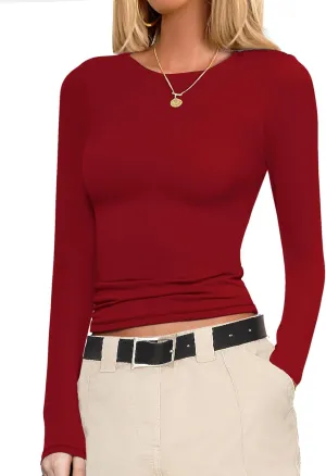 Ekouaer Womens Long Sleeve Shirts Fitted Tops Stretchy Base Layer Tight Basic Thermal Undershirt XS-XXL