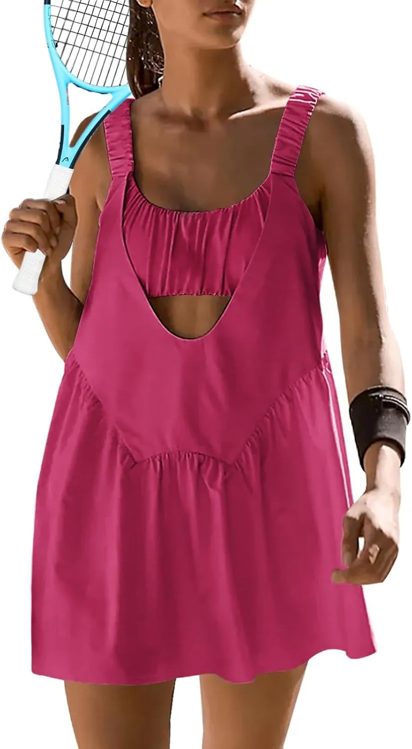 Sexyasasii Women Tennis Dress with Built in Shorts and Bra Sleeveless Casual Backless Golf Dress Athletic Dress with Pockets